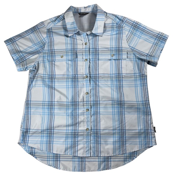 Eddie Bauer Plaid Short Sleeve Button Up Shirt Womens Large Blue *See Pics - Picture 1 of 9
